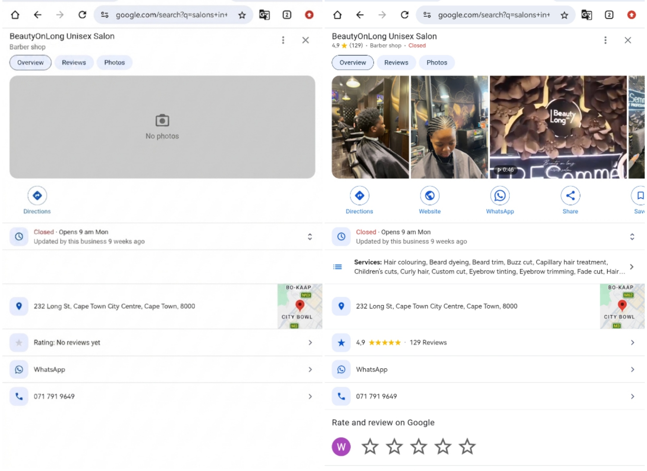 Before and after Google Business Profile for BeautyOnLong Unisex Salon barber shop on Long Street Cape Town